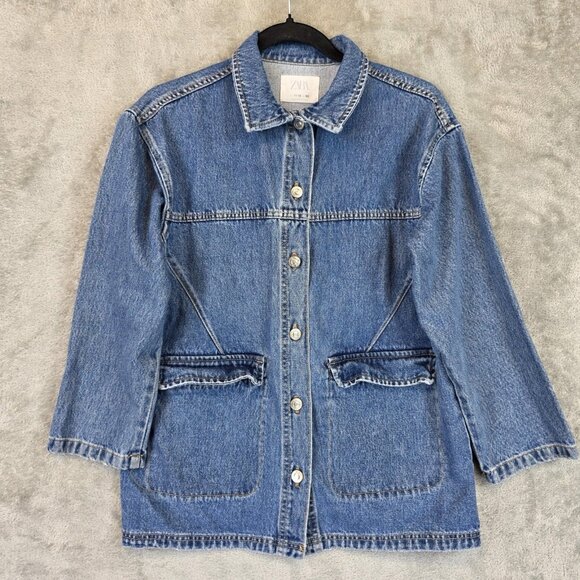 Zara Jacket Youth 11-12 152 Blue Denim Chore Utility Button Front Pockets Kids - Picture 1 of 10